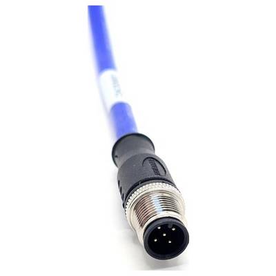 A blue M12 connector with black plastic and silver metallic parts is seen close-up, showing the pins inside.