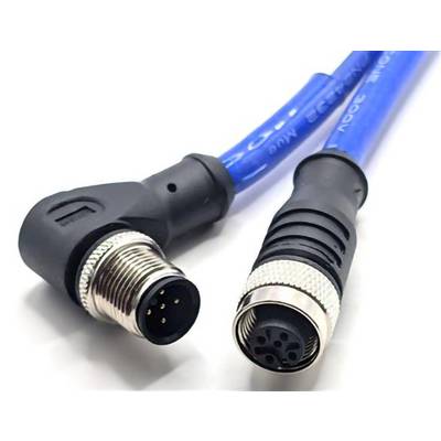 Close-up of two blue M12 electrical connectors with black and silver detailing, showing male and female ends. Used for industrial connections.