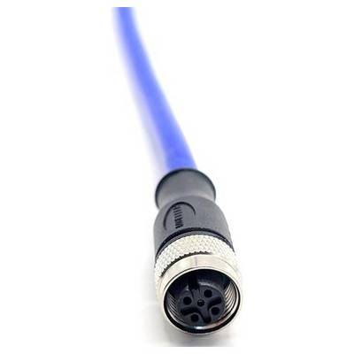 A close-up of a blue industrial connector cable with a metal and black plastic housing, showing four internal pins at the end.