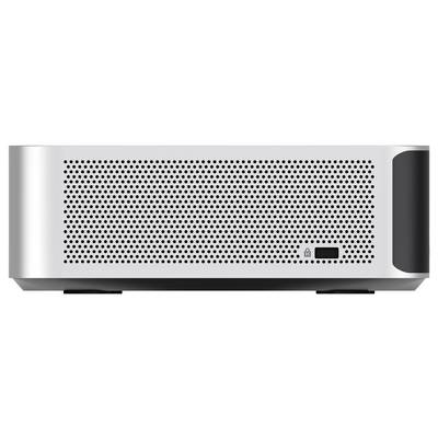 A silver electronic device with a perforated front panel, featuring a small lock icon and rectangular button, viewed from the front.
