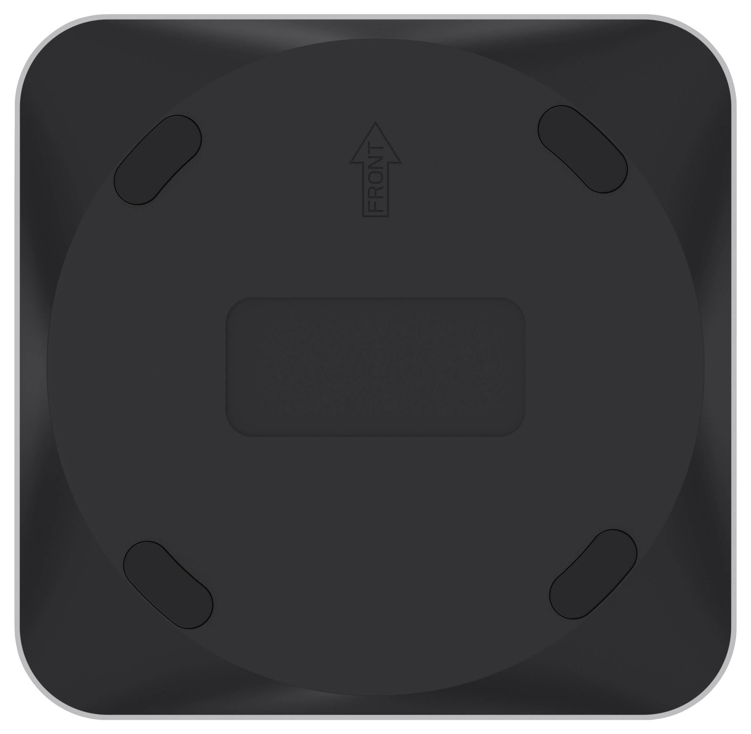 A black, circular object with four equidistant grips and an arrow indicating 'Front' direction, on a square base.