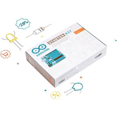'Arduino Starter Kit' box with electronic component illustrations, including a circuit board, resistor, and LED on the packaging design.