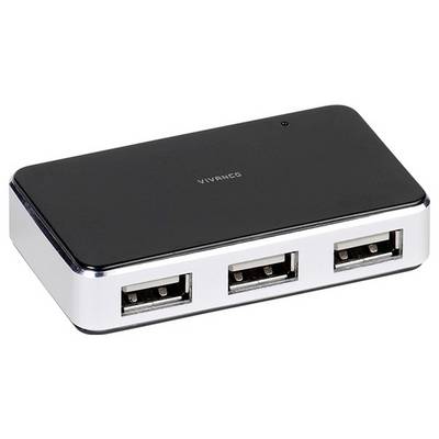 Three-port USB hub with black top and silver sides, shown on a white background.