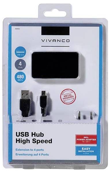 Packaging for a Vivanco USB hub with metal housing, 4 ports, 480 Mbps, and included power adapter on a blister pack.