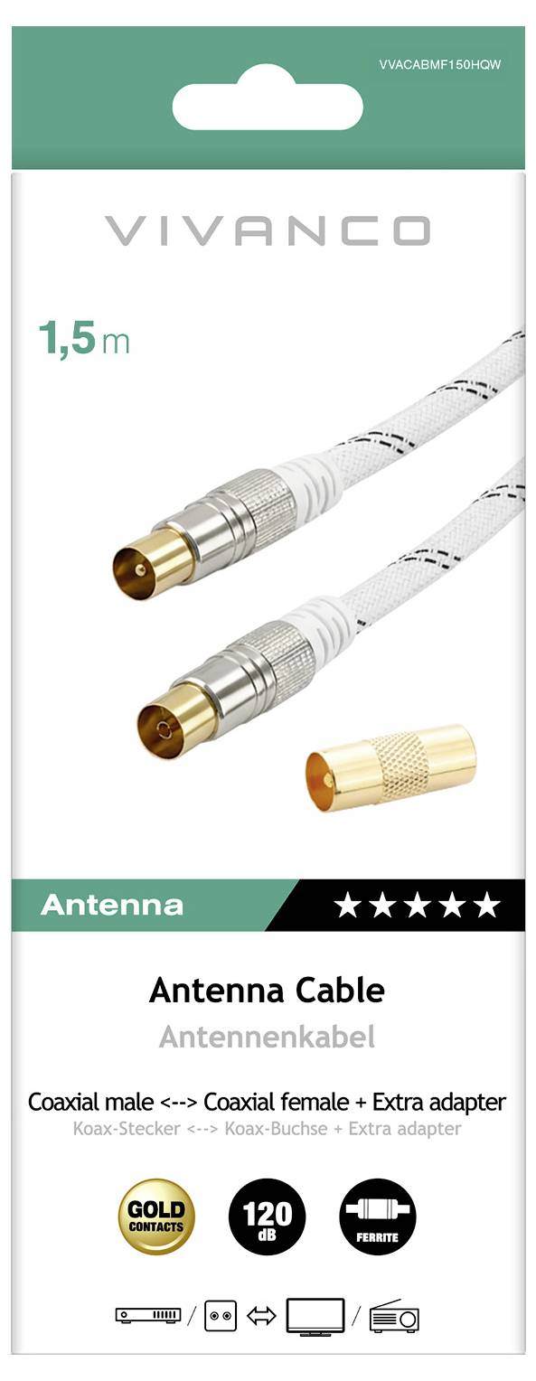 'Antenna Cable' packaging showing coaxial male and female connectors, a gold extra adapter, and emphasizing 1.5m length and 120 dB quality.