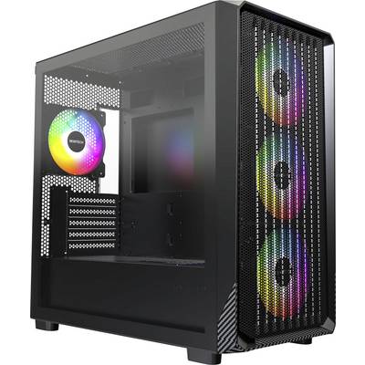 A black computer case with a mesh front panel featuring three vertically aligned RGB fans and an additional RGB fan at the back.