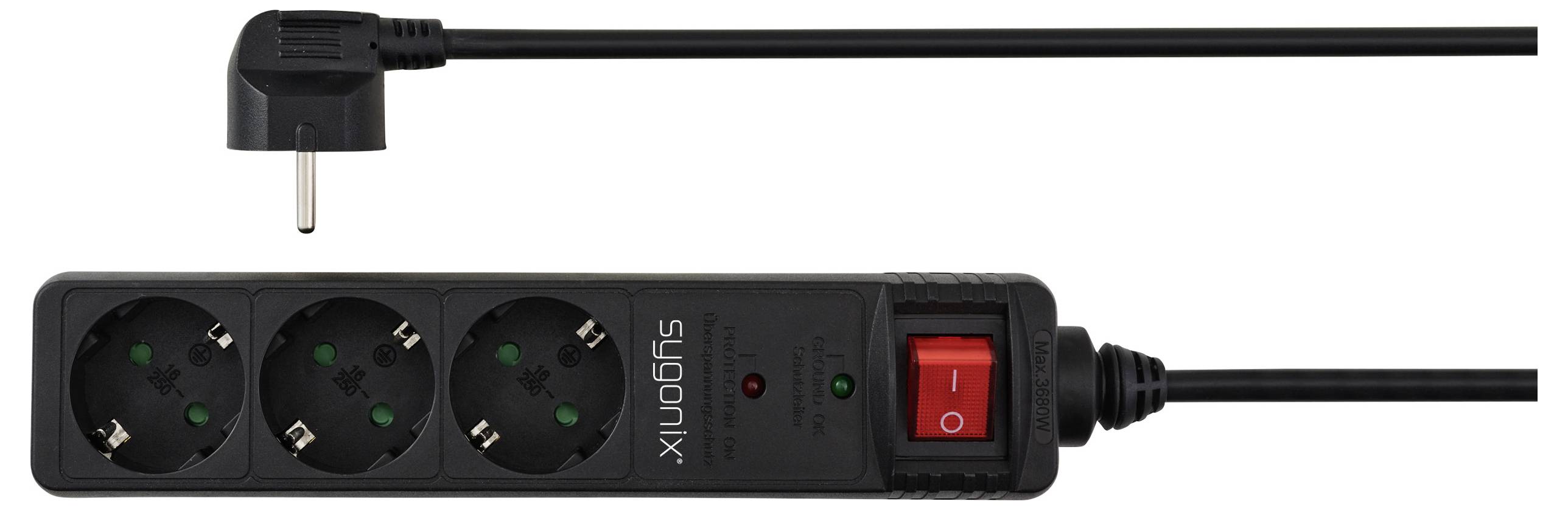 A black power strip with three European sockets, a red power switch, and a plug on a cable.