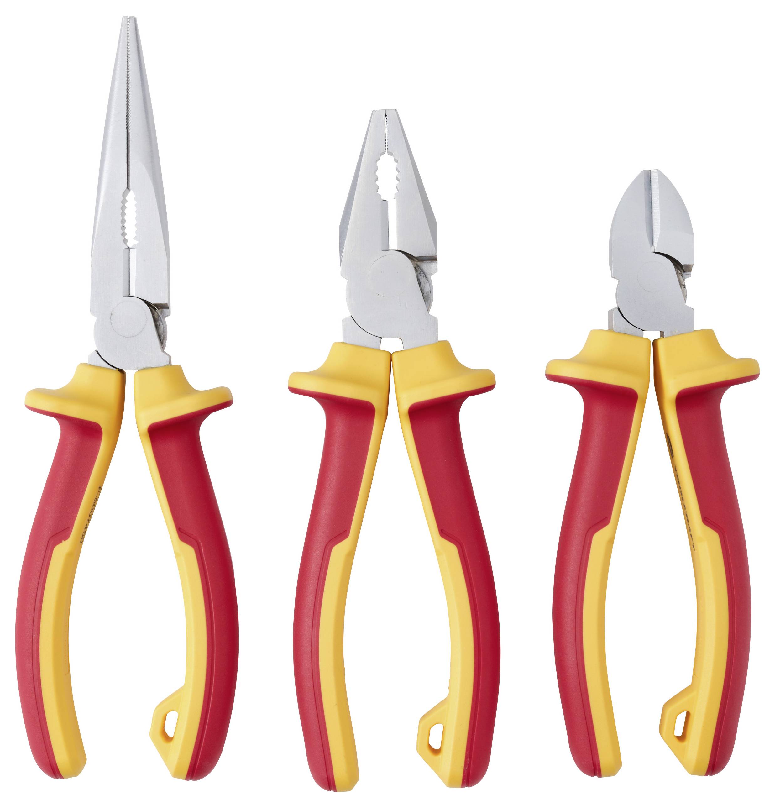 Three insulated hand tools on a white background: long-nose pliers, combination pliers, and diagonal cutting pliers with red and yellow handles.