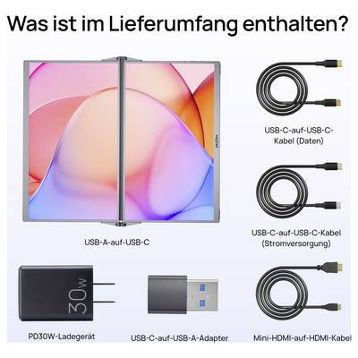 Image showing box contents: Two USB-C to USB-C cables (data and power), PD30W charger, USB-A to USB-C adapter, Mini-HDMI to HDMI cable.