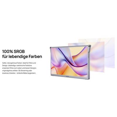 "100% SRGB for vibrant colors" next to an image of a monitor displaying colorful abstract shapes, highlighting design and viewing quality.