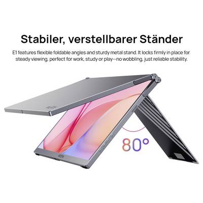 'A folding tablet stand with a sturdy metal frame is shown, demonstrating an 80-degree adjustable angle for stable viewing.'
