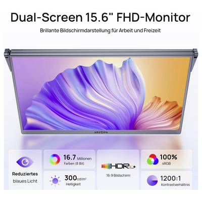 Dual-screen 15.6" FHD monitor with vibrant display for work and leisure. Features include blue light reduction, HDR, 100% sRGB.