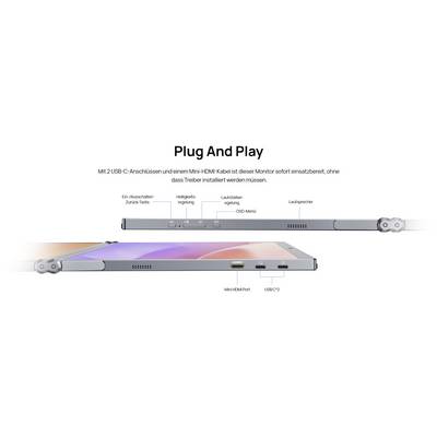 Plug And Play: A tablet connects via Mini-HDMI and USB-C to activate instantly without driver installation. Includes speaker and settings button.