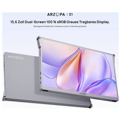 'ARZOPA E1 15,6 Zoll Dual-Screen 100 % sRGB Graues Tragbares Display' showcasing sleek design, vibrant colors, and compact portability.