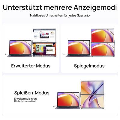 'Laptops displaying different modes: two screens in Expanded Mode, mirrored in Mirror Mode, vertical stacking in Splicing Mode.'