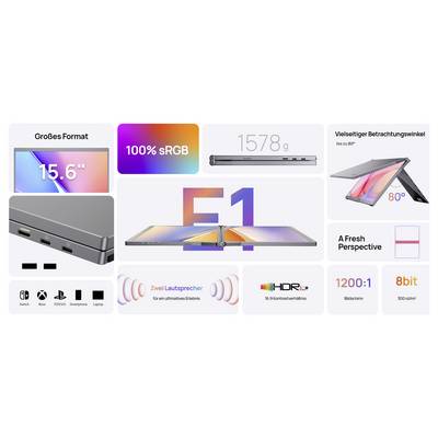 'Tablet with 15.6" display, 100% sRGB. Features thin design, versatile viewing angles, dual speakers, HDR, 1200:1 contrast, 8bit color.'