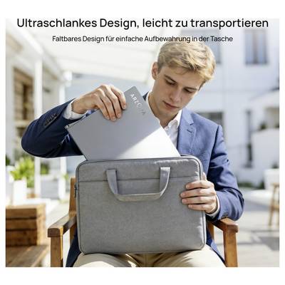 A person in business attire places an 'ARCO 14' laptop into a grey case, highlighting its slim and portable design.