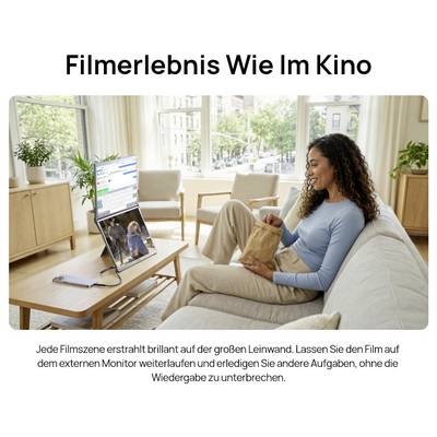 'A woman sits on a couch holding a snack while watching a movie on a large screen. Text reads: "Filmerlebnis Wie Im Kino."'