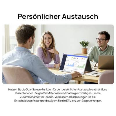 Three people sit at a table with a laptop displaying charts. Text reads 'Persönlicher Austausch' and explains dual-screen collaboration.