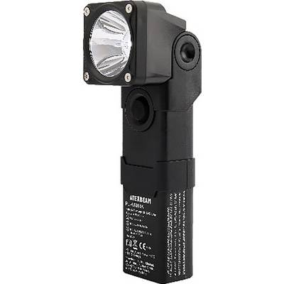 A black, rectangular flashlight with a side-angled head, designed for industrial use. It has printed text and safety certifications.