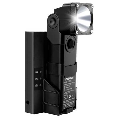 A black LED flashlight with a rectangular body, a cylindrical head emitting light, and control buttons on the side.