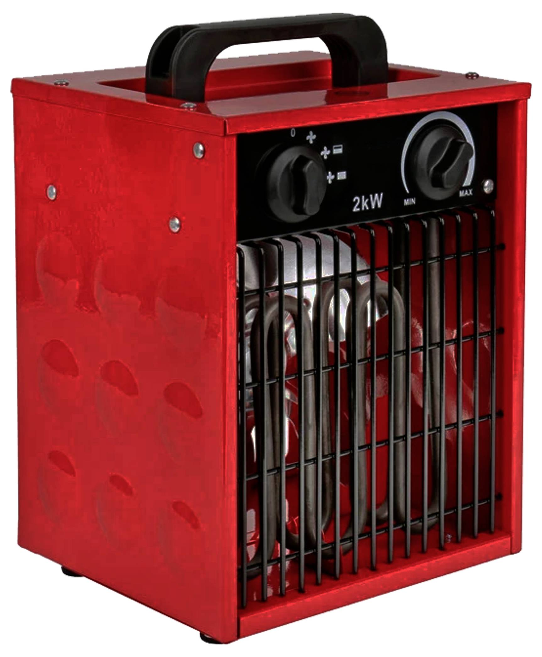 Red portable electric heater with a black handle, featuring a rotary dial for temperature control and a 2kW power indicator.