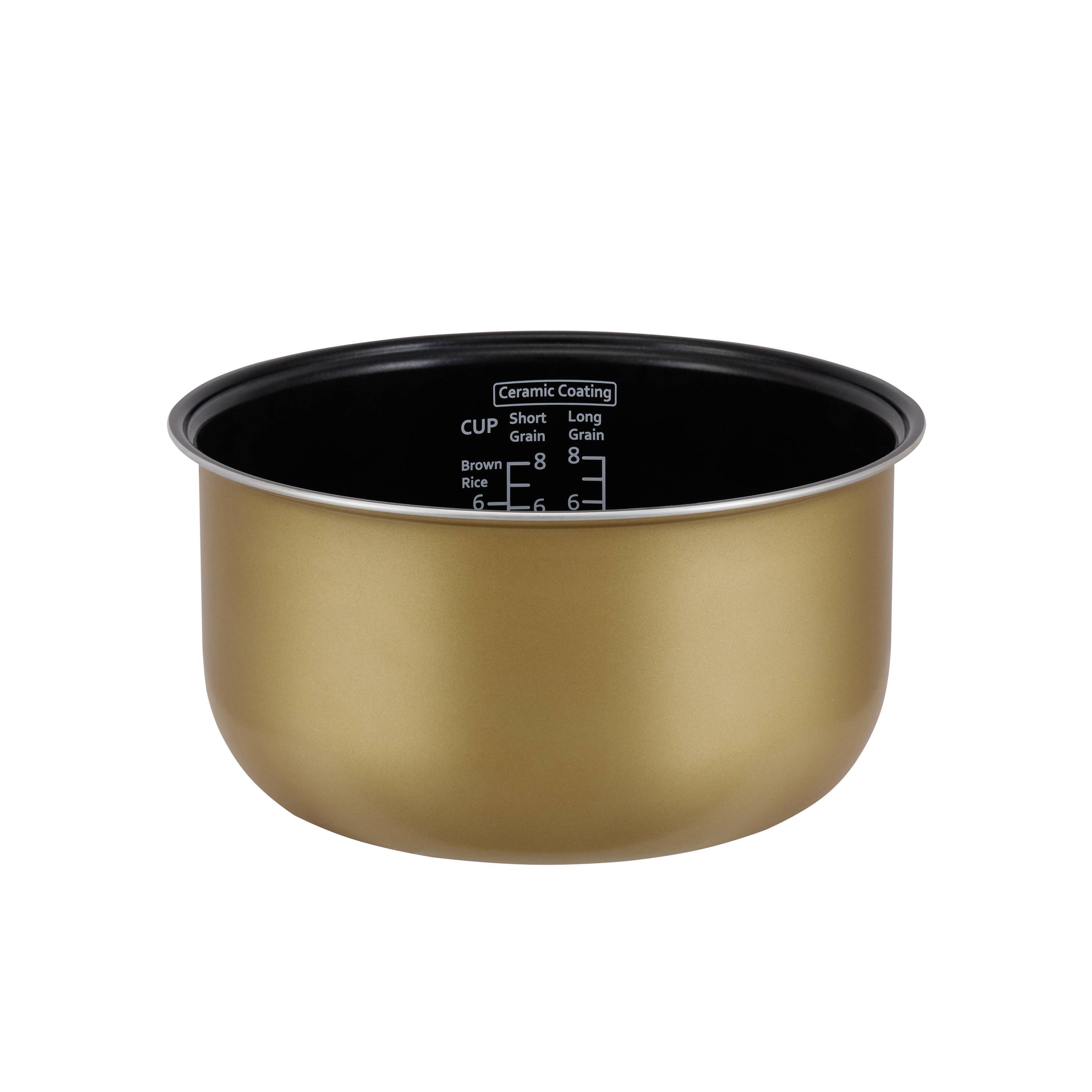 A ceramic-coated rice cooker pot with measurement markings for brown and white rice in cups, in a golden-brown color.
