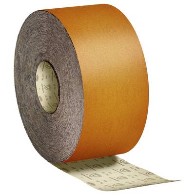 A large roll of sandpaper with an outer orange layer and the abrasive side exposed. The inner layer shows a printed pattern.