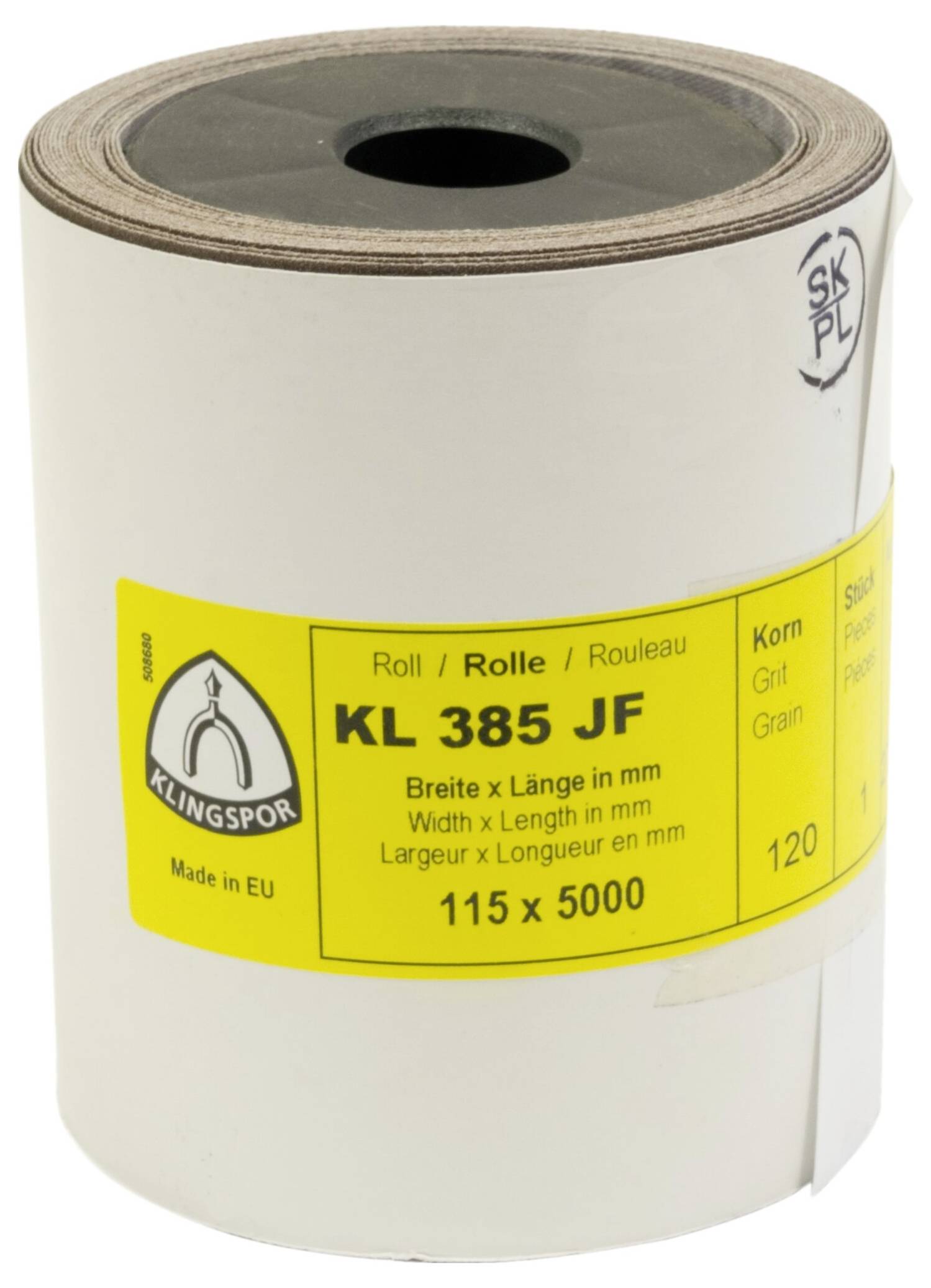 Roll of sandpaper labeled 'KL 385 JF', 115 mm wide, 5000 mm long, grit 120, made by Klingspor in the EU.
