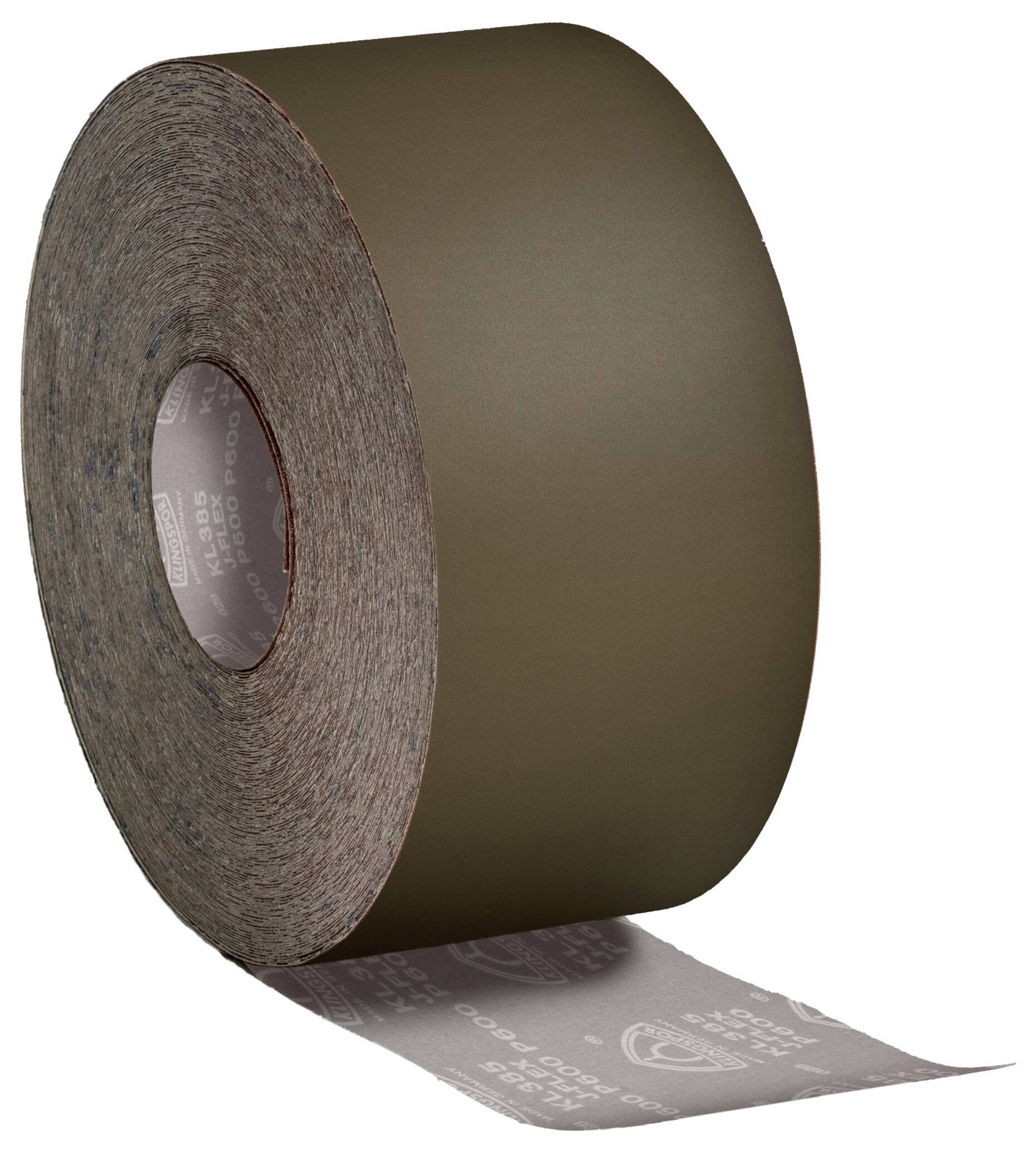 A large, brown roll of sandpaper with the end piece extending out, showing a coarse texture.