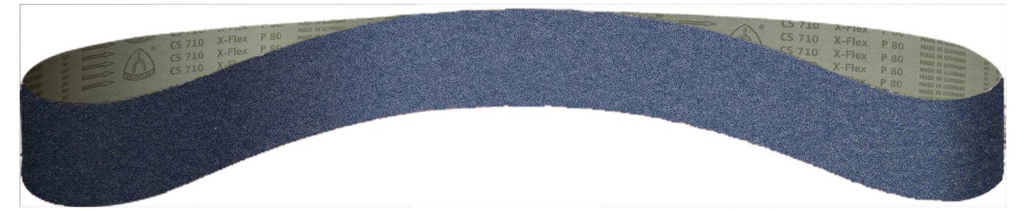 An image of a blue abrasive sanding belt with text on the inner side, used for smoothing surfaces.