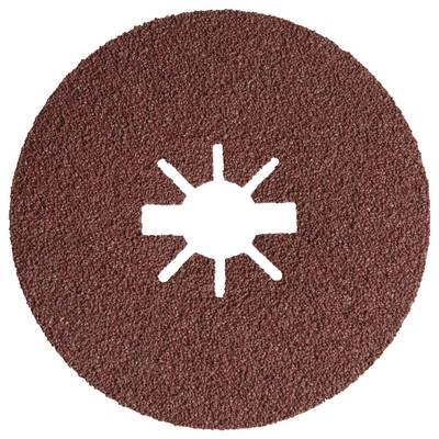A round, brown abrasive sanding disc with a star-shaped hole in the center, used for smoothing surfaces.