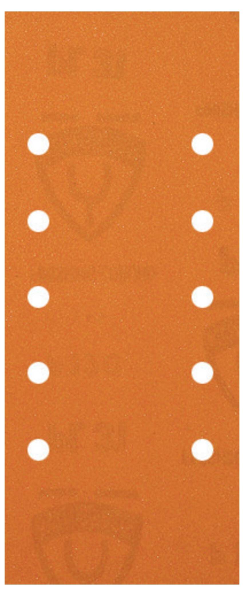 Orange skateboard grip tape with eight evenly spaced holes in two vertical columns.