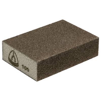 A brown sanding block, rectangular in shape, with a coarse surface and the number '100' inscribed on the side, used for smoothing surfaces.