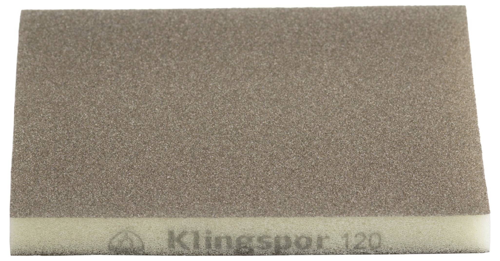 A rectangular brown sanding sponge with 'Klingspor 120' printed on the side, used for smoothing surfaces in woodworking or crafting.