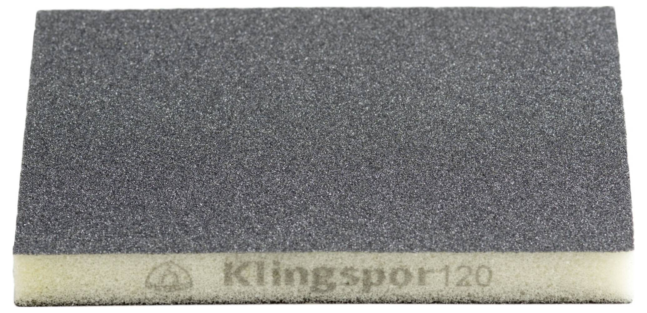 'A Klingspor 120 grit sanding sponge with a dark abrasive surface and yellow foam base, used for smoothing and finishing surfaces.'