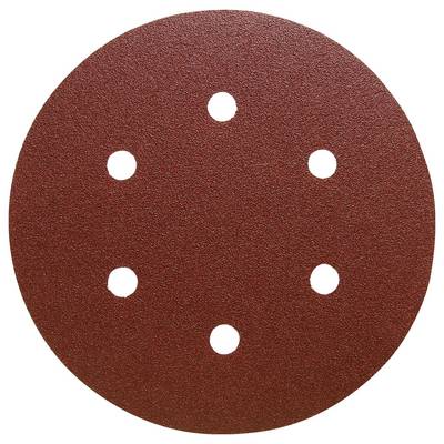A round sandpaper disc with six evenly spaced holes, typically used for sanding in power tools.