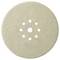 A round beige sanding disc with seven holes arranged in a circular pattern, used for smoothing surfaces in woodworking or metalworking.