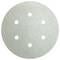 A round sanding disc with six holes, featuring a textured, light-colored surface for abrasiveness, used for smoothing surfaces.