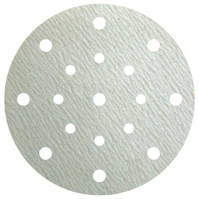 Round sandpaper disc with multiple evenly spaced holes, used for power sanders in woodworking or metalworking.