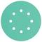A circular teal-colored sanding disc with nine evenly spaced holes in the center used for smoothing surfaces.
