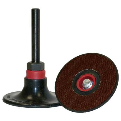 Two black sanding discs with red accents, one upright showing a stem, the other lying flat displaying the abrasive side.