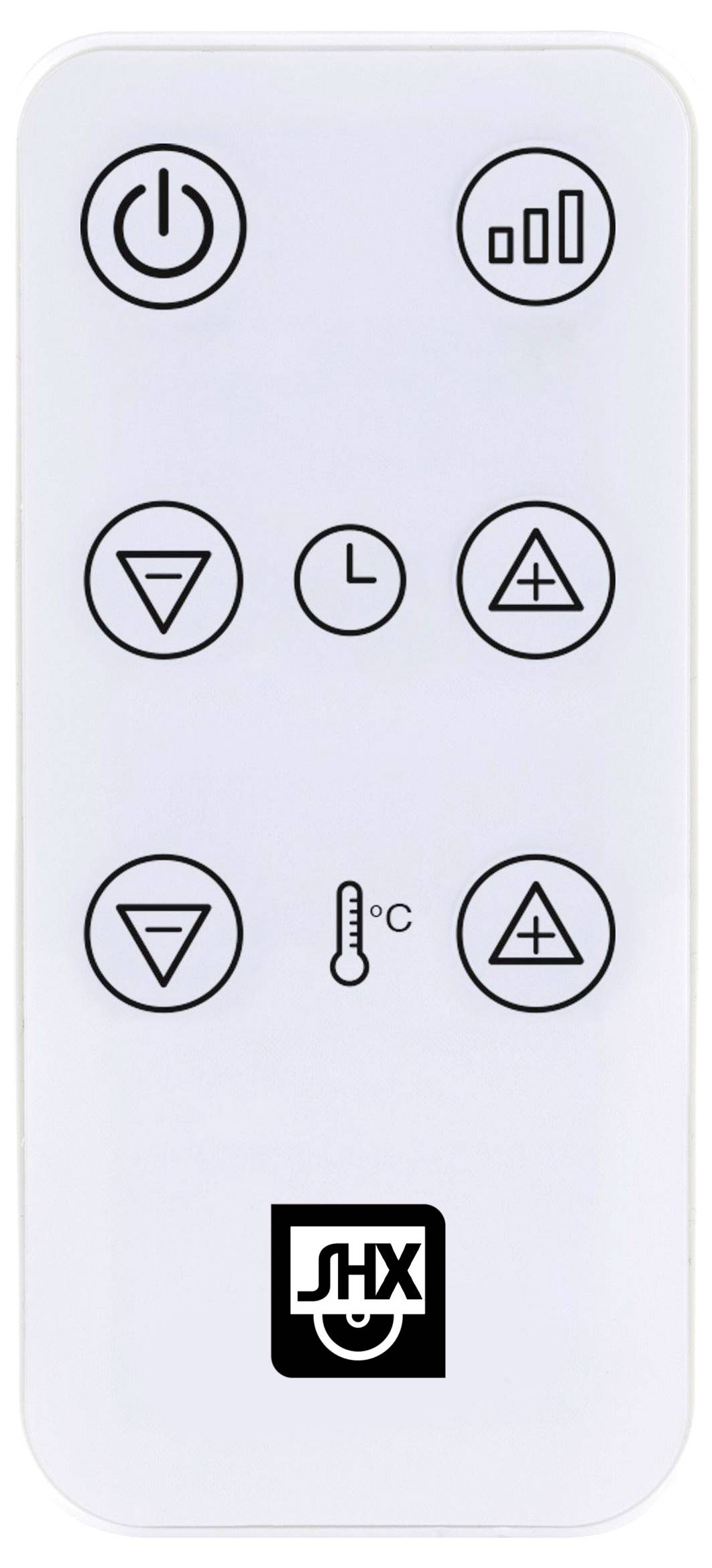 Remote control with six buttons showing power, fan speed, timer, up, down, and temperature in Celsius, logo at bottom.