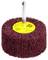 A burgundy, abrasive wheel brush with a metal shank, labeled with specifications and safety icons, used for polishing or sanding.