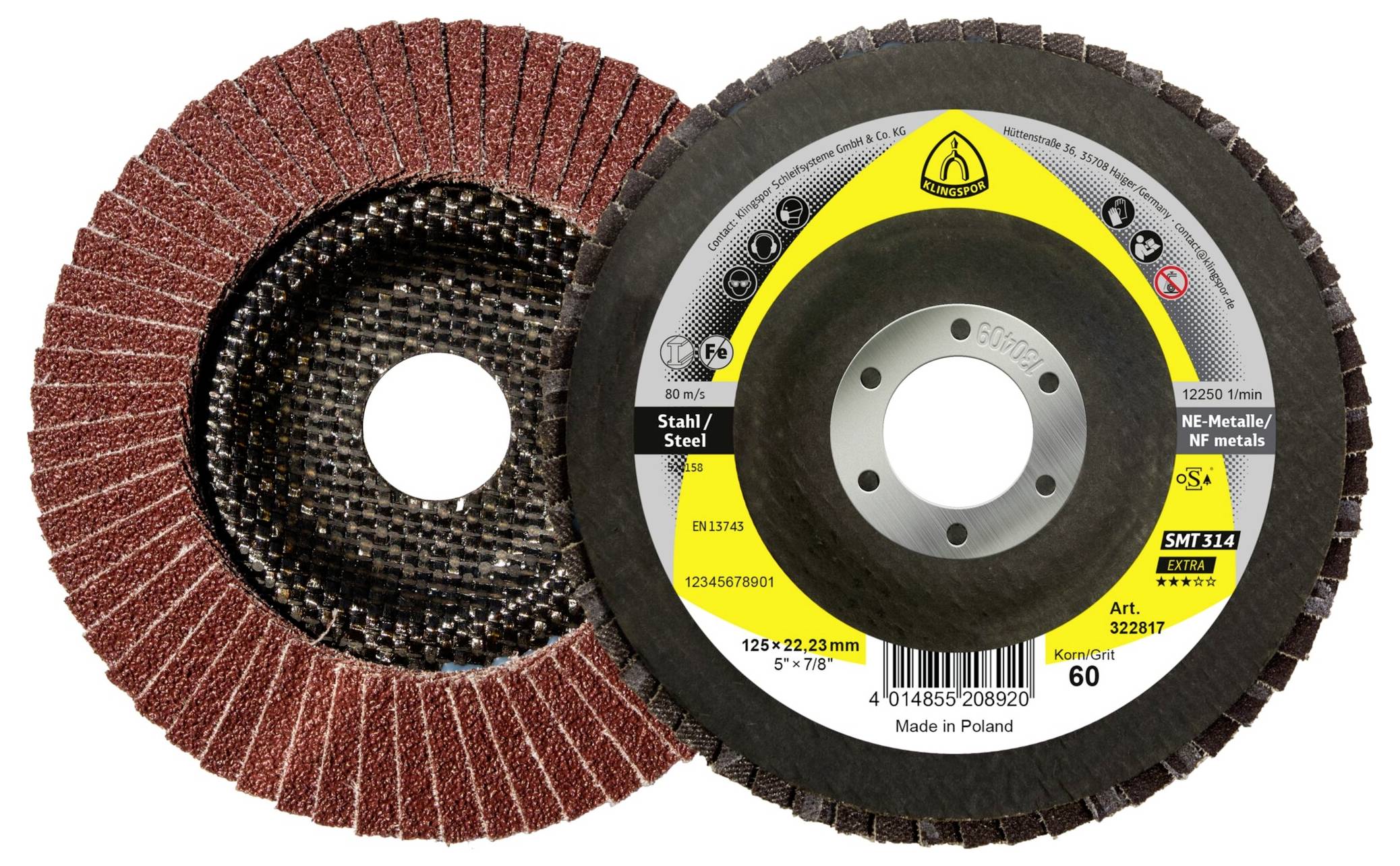 Two abrasive flap discs, one showing the sanding side with red abrasive flaps, the other showing the label detailing specifications and usage.