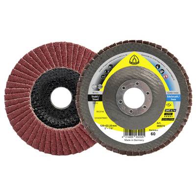 Two flap discs labeled for 'Steel' and 'Stainless Steel', featuring coarse sandpaper flaps for metal grinding. Made in Germany.