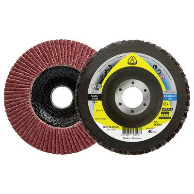 'Flap disc with red abrasive flaps and black backing pad, labeled for use on steel and stainless steel, 40-grit, 125mm diameter.'