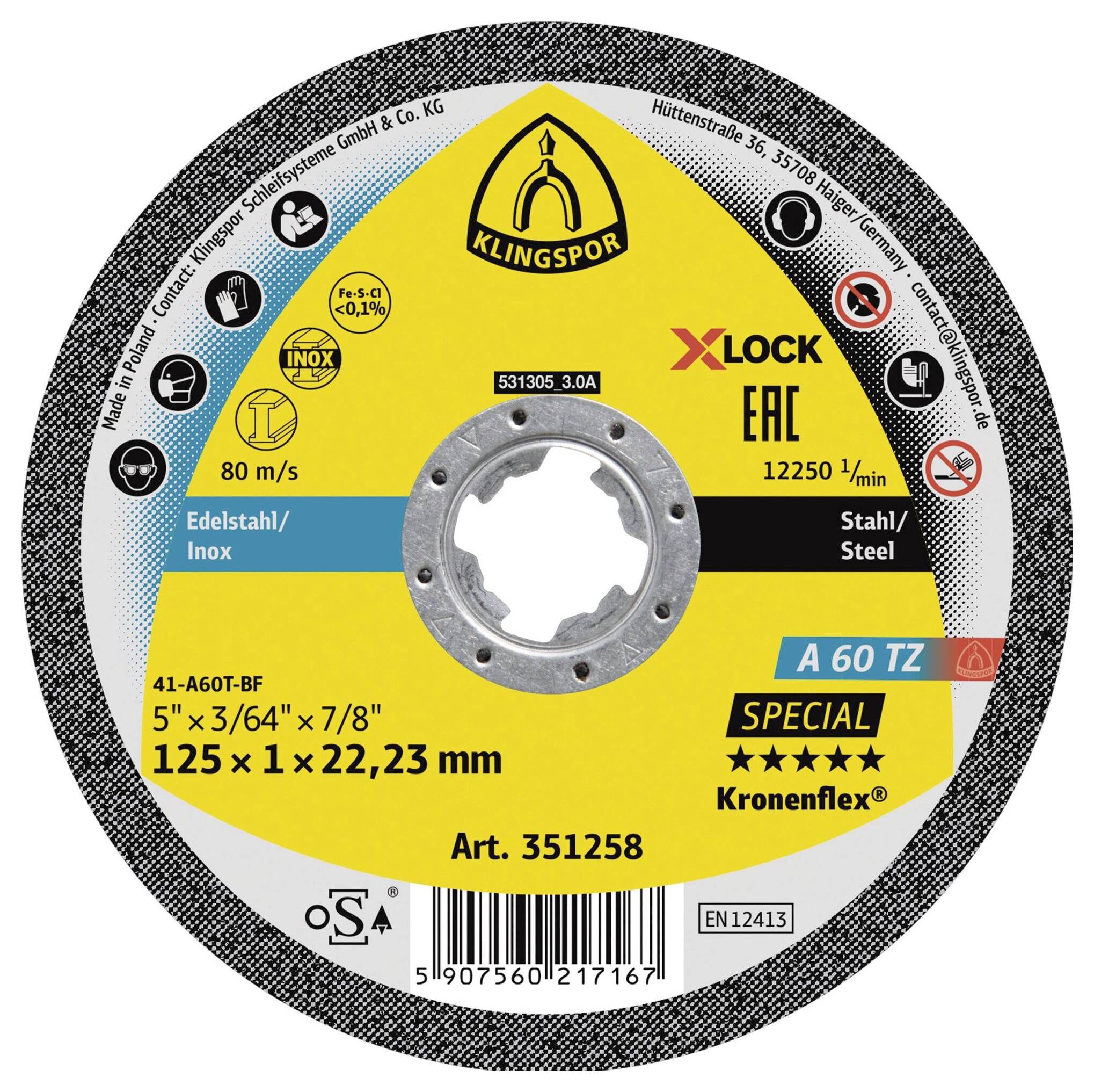 'Klingspor X-Lock A60 TZ Special' cutting disc for stainless steel. Diameter: 125mm, thickness: 1mm, 80 m/s, resin bonded.