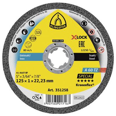 'Klingspor X-Lock A60 TZ Special' cutting disc for stainless steel. Diameter: 125mm, thickness: 1mm, 80 m/s, resin bonded.