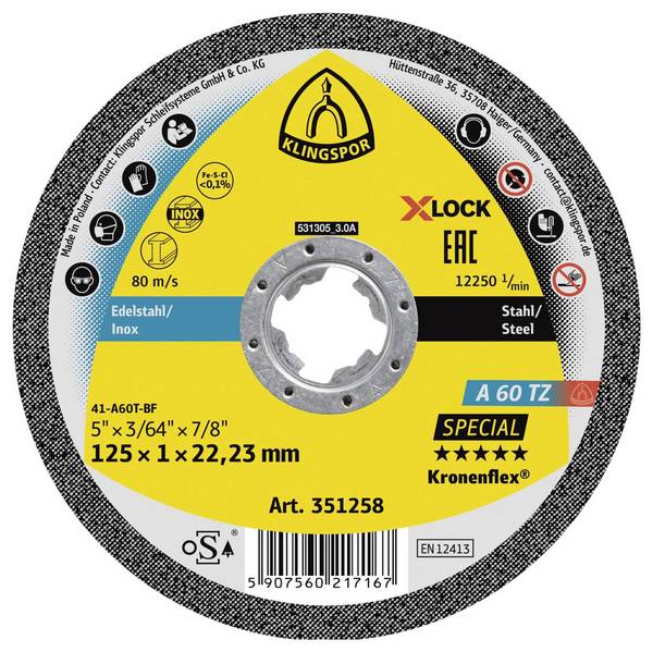 Klingspor A 60 TZ Special 351258 Cutting disc (straight) 125 mm 25 pc(s) Stainless steel, Steel